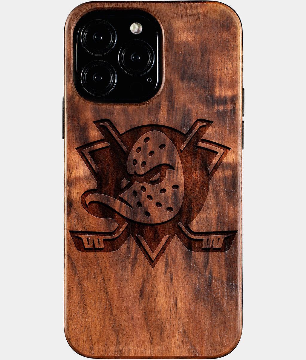 Custom Anaheim Ducks iPhone 16/16 Pro/16 Pro Max/16 Plus Case - Wood Anaheim Ducks Cover - Eco-friendly Anaheim Ducks iPhone 16 Case - Carved Wood Custom Anaheim Ducks Gift For Him - Monogrammed Personalized iPhone 16 Cover By Aldergrove & Oak