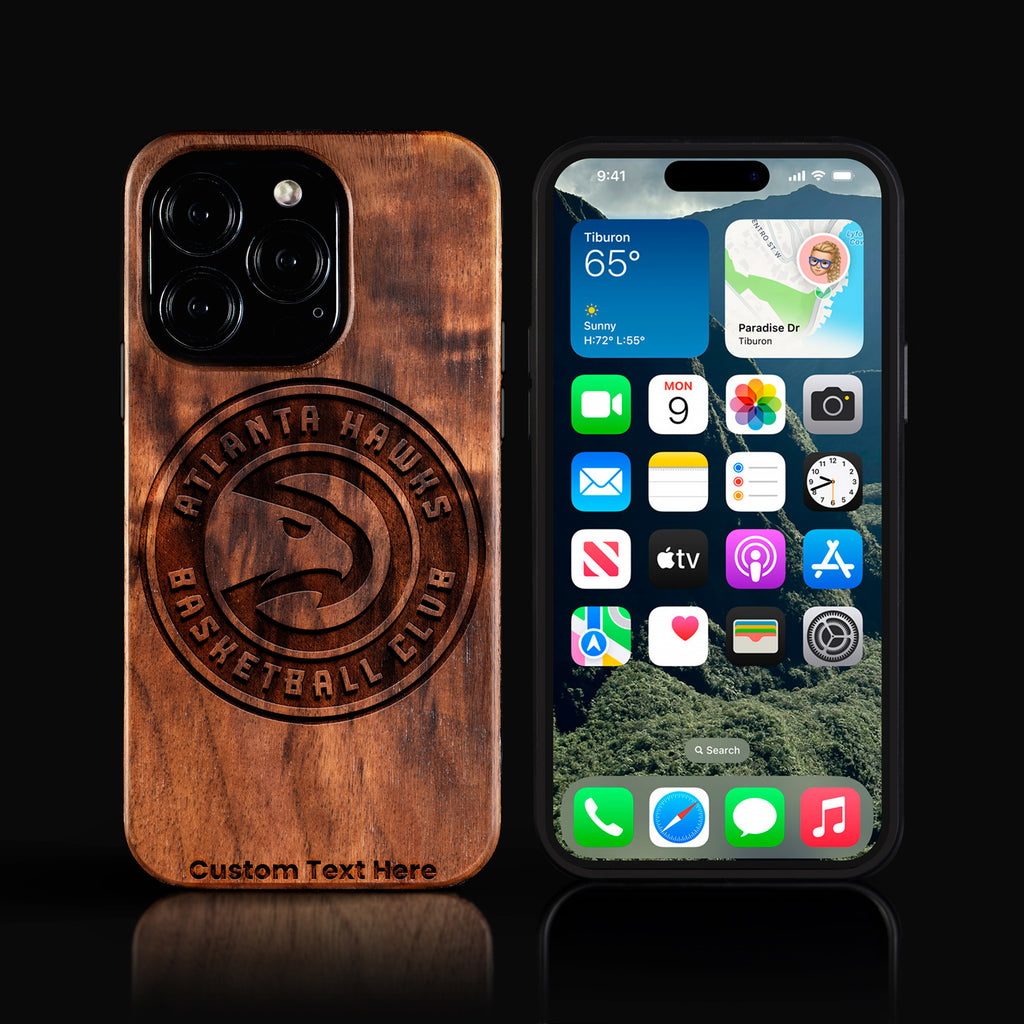 Custom Atlanta Hawks iPhone 16/16 Pro/16 Pro Max/16 Plus Case - Carved Wood Hawks Cover