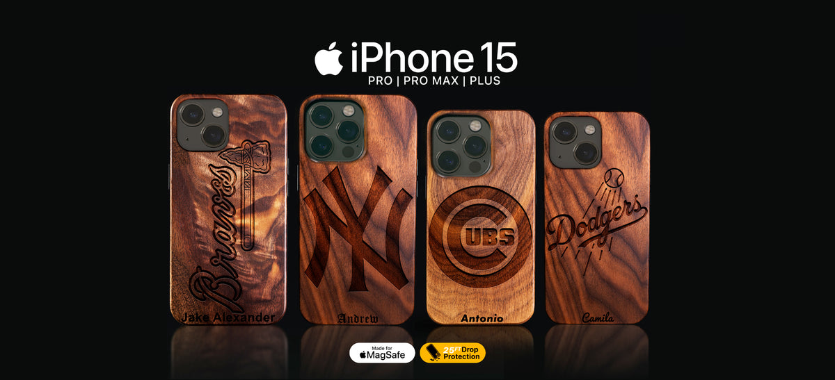 Custom MLB Baseball gifts for baseball fans. Wooden phone case designs with customizable text on an iPhone 15, iPhone 15 Pro, 15 Pro Max, and 15 Plus models. Made with real wood. Personalize yours with any names, dates, initials, numbers, and more.
