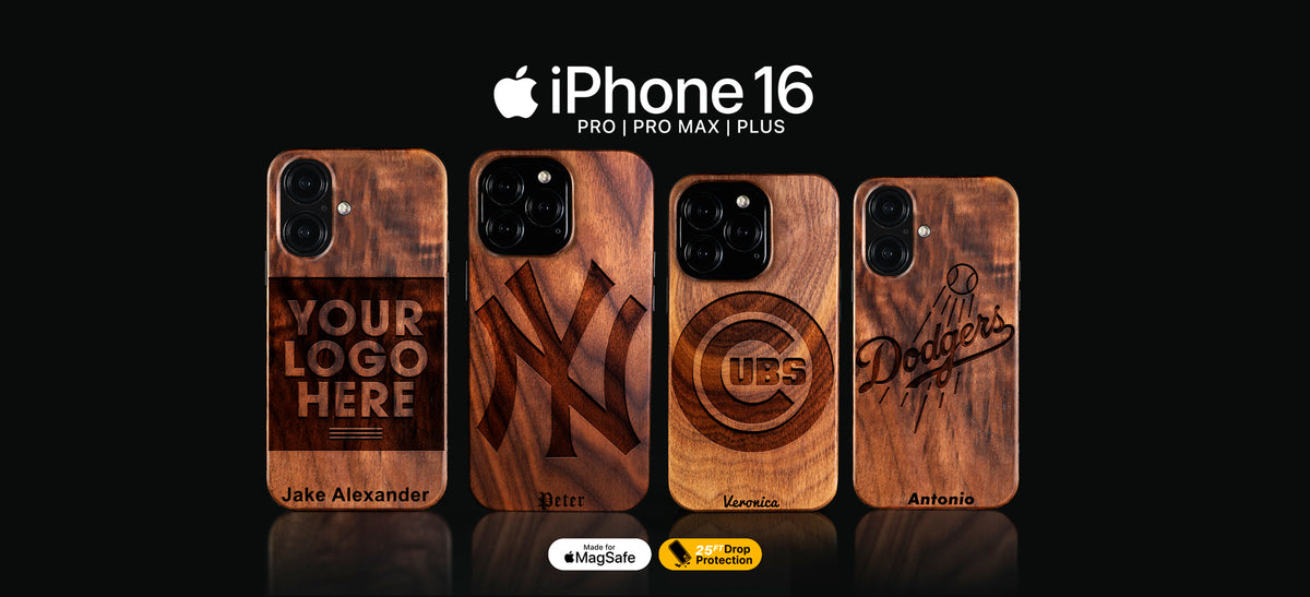Custom MLB Baseball gifts for baseball fans. Wooden phone case designs with customizable text on an iPhone 16, iPhone 16 Pro, 16 Pro Max, 16 Plus, and 16e models. Made with real wood. Personalize yours with any names, dates, initials, numbers, and more.