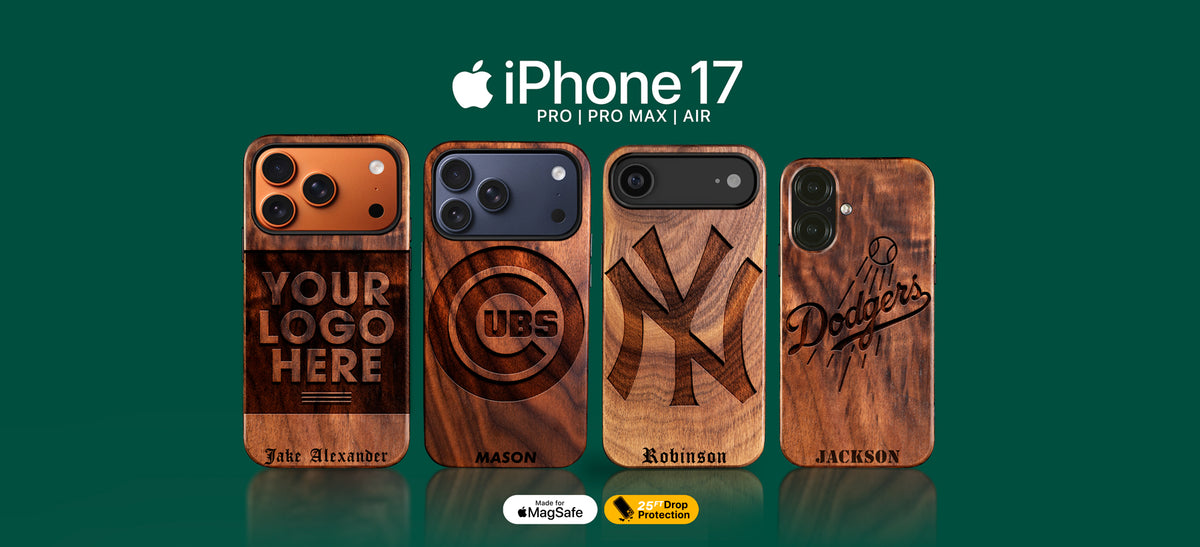 Custom MLB baseball gifts for fans. Wooden phone case designs with customizable text on an iPhone 17, Phone 17 Pro, Pro Max, and Air model display.