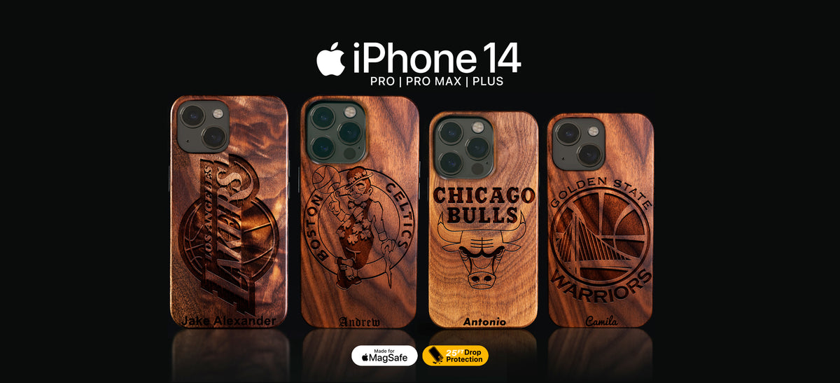 Custom NBA Basketball gifts for fans. Wooden phone case designs with customizable text on an iPhone 14, iPhone 14 Pro, 14 Pro Max, and 14 Plus models. Made with real wood. Personalize yours with any names, dates, initials, numbers, and more.