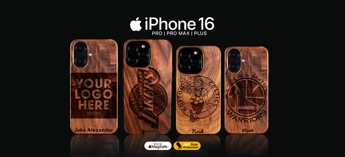Custom NBA Basketball gifts for fans. Wooden phone case designs with customizable text on an iPhone 16, iPhone 16 Pro, 16 Pro Max, 16 Plus, and 16e models. Made with real wood. Personalize yours with any names, dates, initials, numbers, and more.