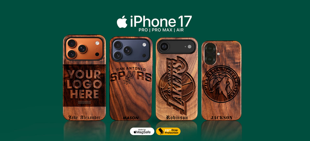Custom NBA basketball gifts for fans. Wooden phone case designs with customizable text on an iPhone 17, Phone 17 Pro, Pro Max, and Air model display.