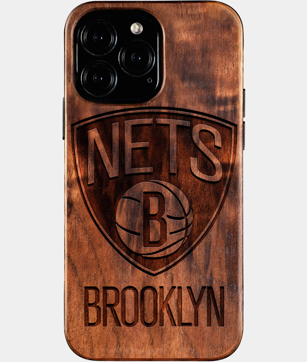 Custom Brooklyn Nets iPhone 16/16 Pro/16 Pro Max/16 Plus Case - Wood Nets Cover - Eco-friendly Brooklyn Nets iPhone 16 Case - Carved Wood Custom Brooklyn Nets Gift For Him - Monogrammed Personalized iPhone 16 Cover By Aldergrove & Oak