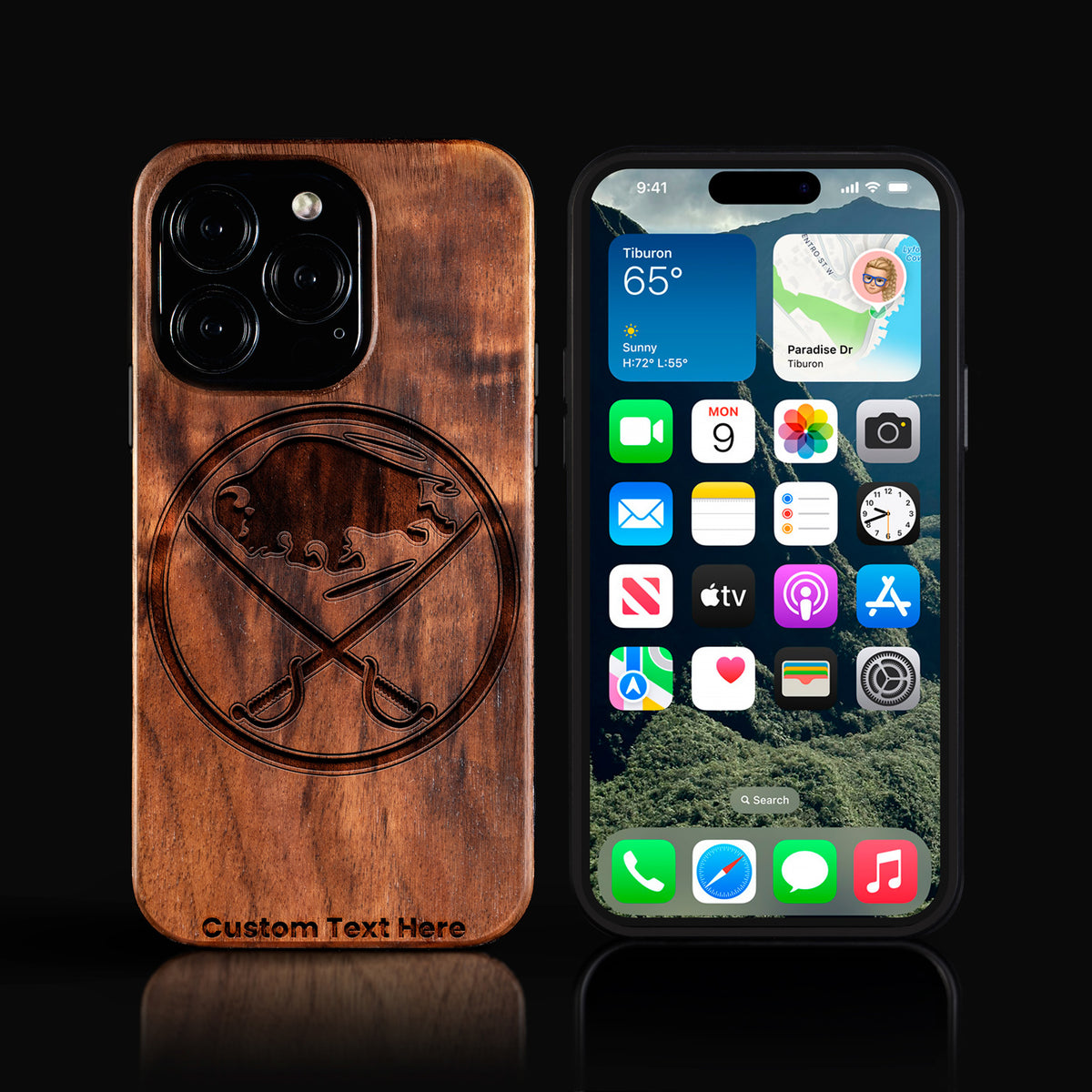 Custom Buffalo Sabres iPhone 16/16 Pro/16 Pro Max/16 Plus Case - Carved Wood Sabres Cover