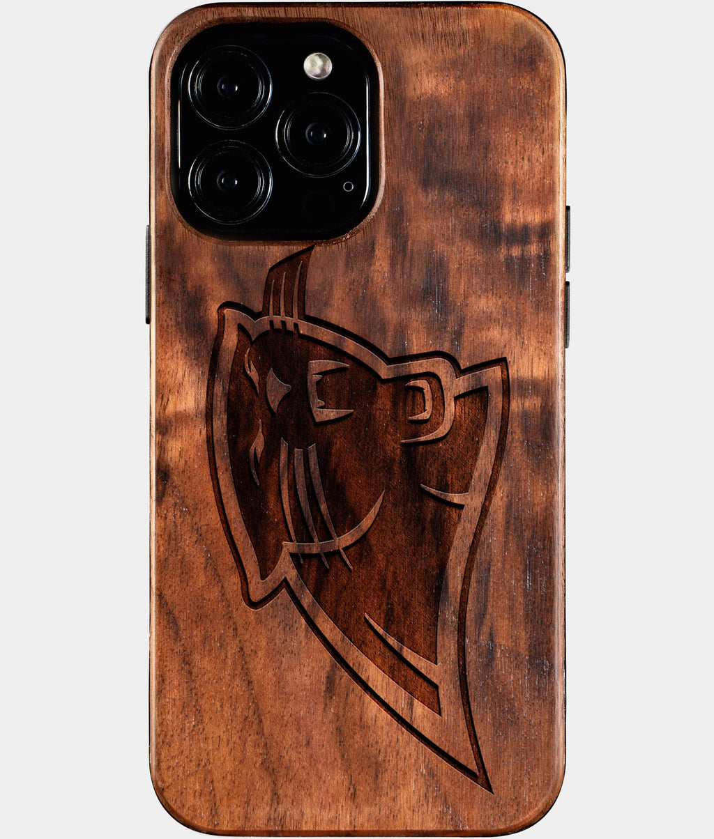 Custom Carolina Panthers iPhone 16/16 Pro/16 Pro Max/16 Plus Case - Wood Carolina Panthers Cover - Eco-friendly Carolina Panthers iPhone 16 Case - Carved Wood Custom Carolina Panthers Gift For Him - Monogrammed Personalized iPhone 16 Cover By Aldergrove & Oak