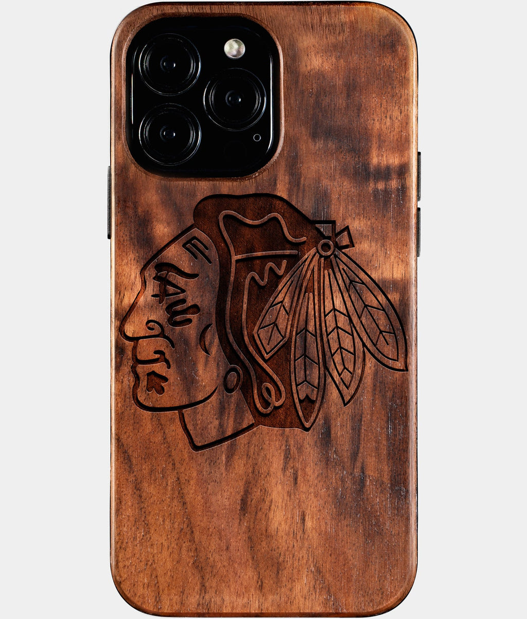 Custom Chicago Blackhawks iPhone 16/16 Pro/16 Pro Max/16 Plus Case - Wood Blackhawks Cover - Eco-friendly Chicago Blackhawks iPhone 16 Case - Carved Wood Custom Chicago Blackhawks Gift For Him - Monogrammed Personalized iPhone 16 Cover By Aldergrove & Oak