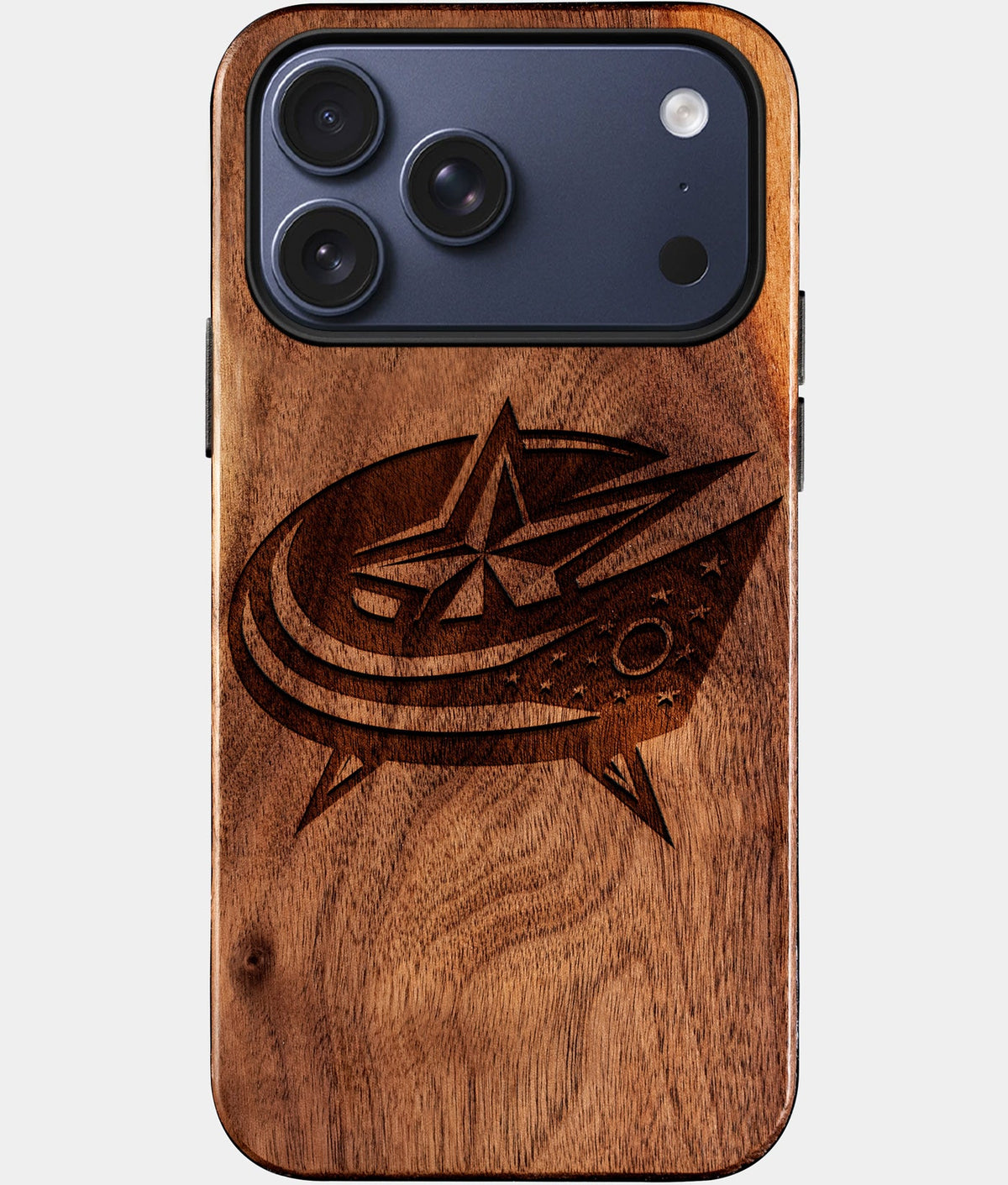 Eco-friendly Columbus Blue Jackets iPhone 17 Pro Case - Carved Wood Custom Columbus Blue Jackets Gift For Him - Monogrammed Personalized iPhone 17 Pro Cover By Aldergrove & Oak