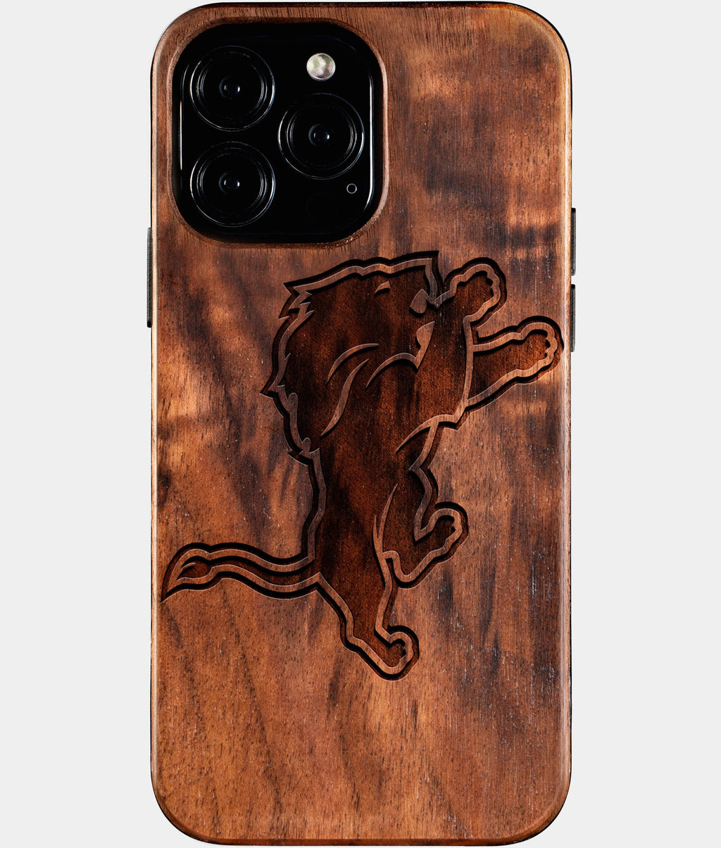Custom Detroit Lions iPhone 16/16 Pro/16 Pro Max/16 Plus Case - Wood Detroit Lions Cover - Eco-friendly Detroit Lions iPhone 16 Case - Carved Wood Custom Detroit Lions Gift For Him - Monogrammed Personalized iPhone 16 Cover By Aldergrove & Oak