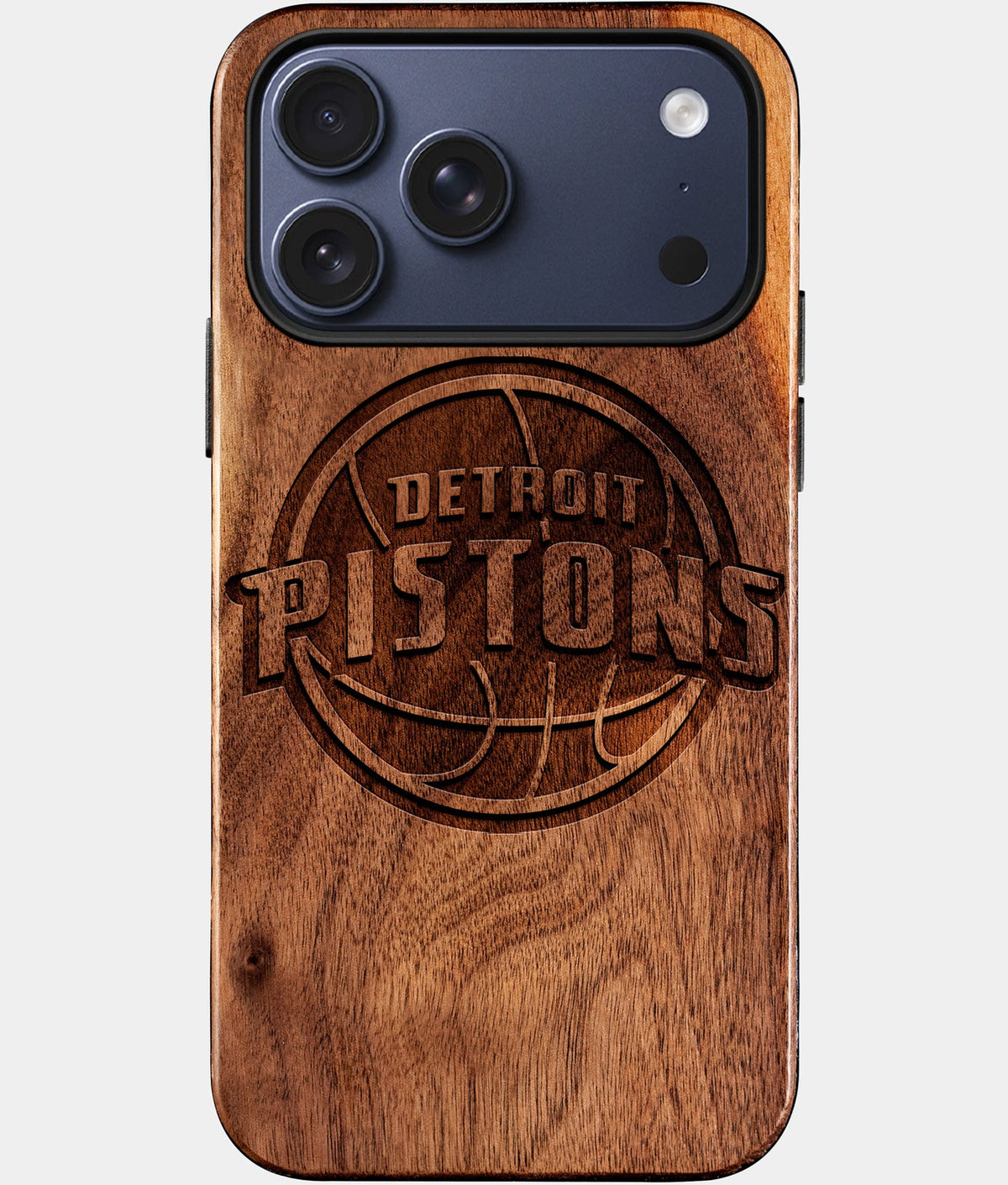 Eco-friendly Detroit Pistons iPhone 17 Pro Max Case - Carved Wood Custom Detroit Pistons Gift For Him - Monogrammed Personalized iPhone 17 Pro Max Cover By Aldergrove & Oak