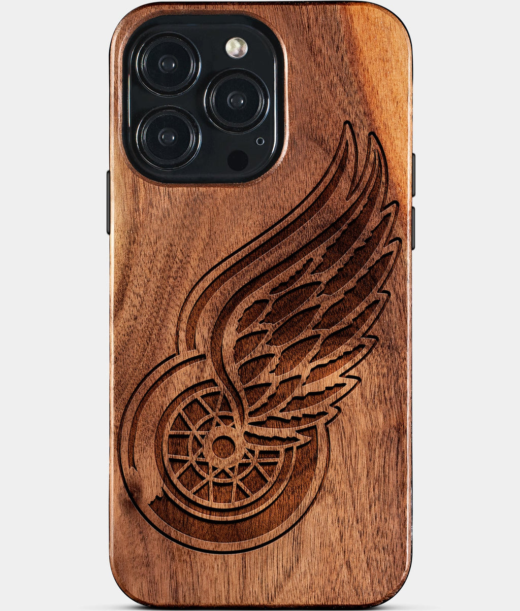 Custom Detroit Red Wings iPhone 15/15 Pro/15 Pro Max/15 Plus Case - Wood Red Wings Cover - Eco-friendly Detroit Red Wings iPhone 15 Case - Carved Wood Custom Detroit Red Wings Gift For Him - Monogrammed Personalized iPhone 15 Cover By Aldergrove & Oak