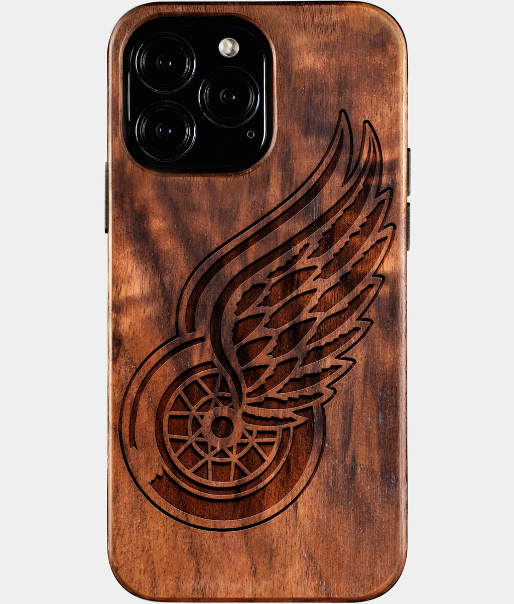 Custom Detroit Red Wings iPhone 16/16 Pro/16 Pro Max/16 Plus Case - Wood Red Wings Cover - Eco-friendly Detroit Red Wings iPhone 16 Case - Carved Wood Custom Detroit Red Wings Gift For Him - Monogrammed Personalized iPhone 16 Cover By Aldergrove & Oak
