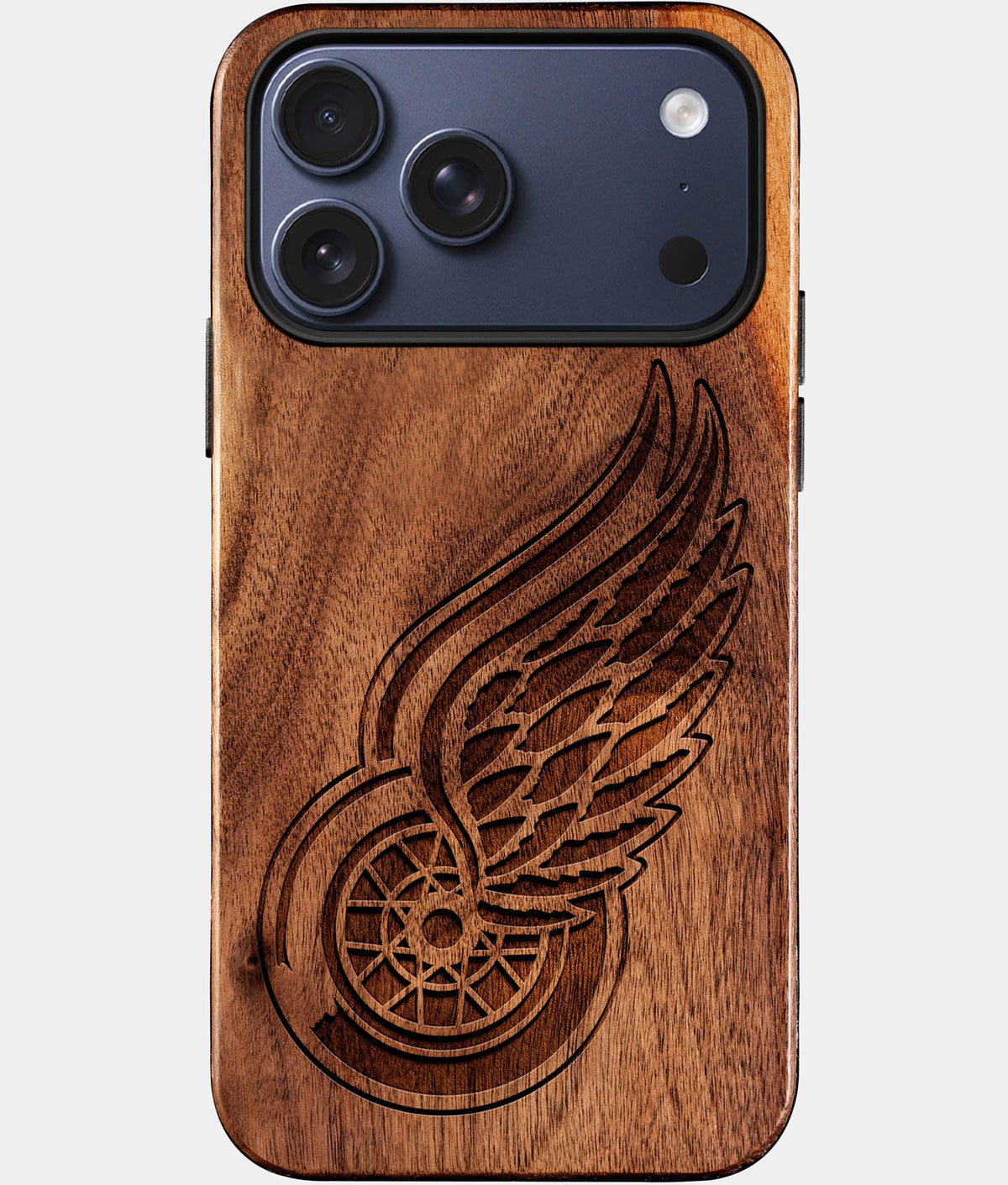 Eco-friendly Detroit Red Wings iPhone 17 Pro Max Case - Carved Wood Custom Detroit Red Wings Gift For Him - Monogrammed Personalized iPhone 17 Pro Max Cover By Aldergrove & Oak