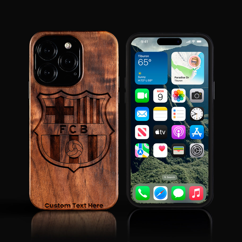 Custom FC Barcelona iPhone 16/16 Pro/16 Pro Max/16 Plus Case - Carved Wood FC Barcelona Cover