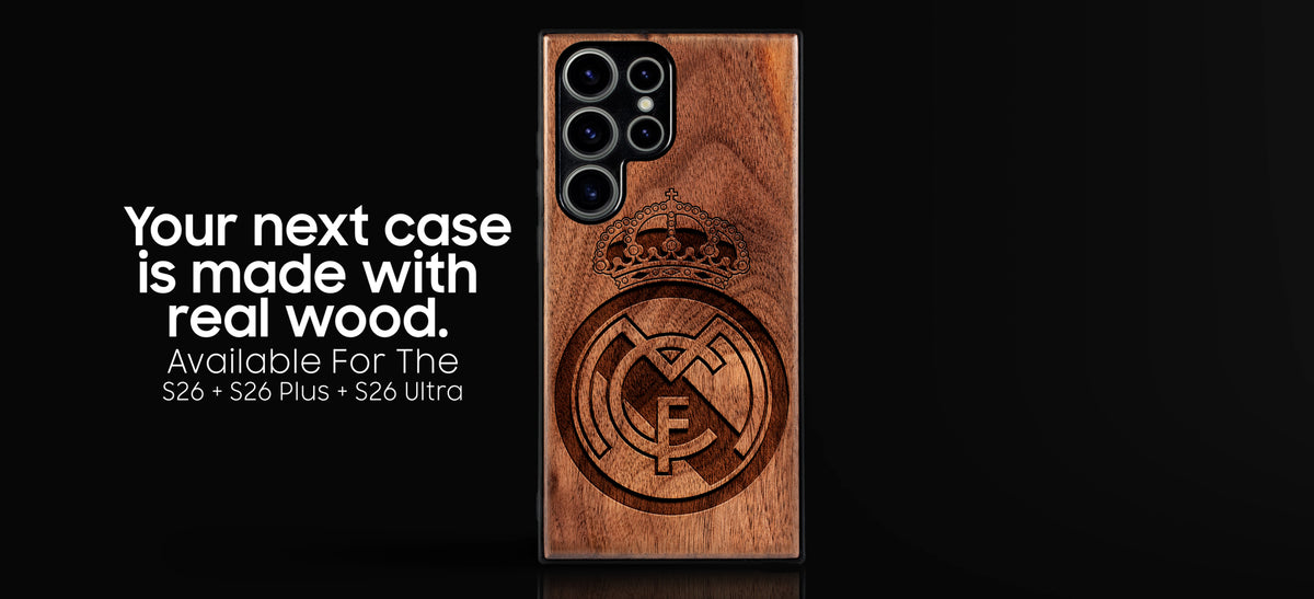 Shop custom FC Samsung Galaxy S26 wood phone cases. Made with real wood and personalized for international football club fans. Custom gifts for men who love football. Available for the S26, S26 Plus, and S26 Ultra. Free Shipping + Free Engraving + 1 Year Warranty.