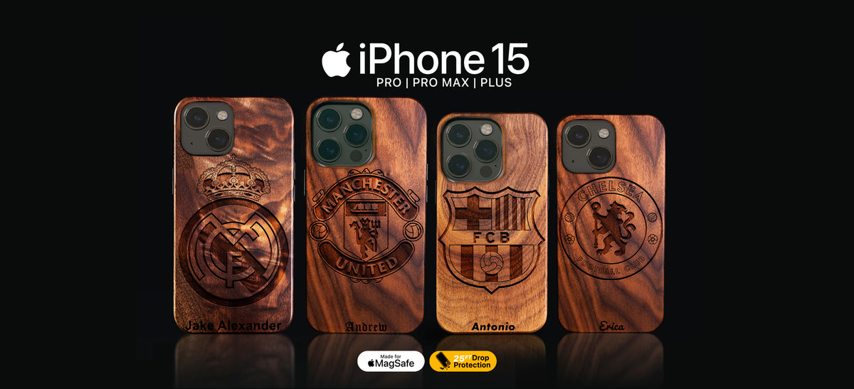 Custom International Football gifts for fans. Wooden phone case designs with customizable text on an iPhone 15, iPhone 15 Pro, 15 Pro Max, and 15 Plus models. Made with real wood. Personalize yours with any names, dates, initials, numbers, and more.