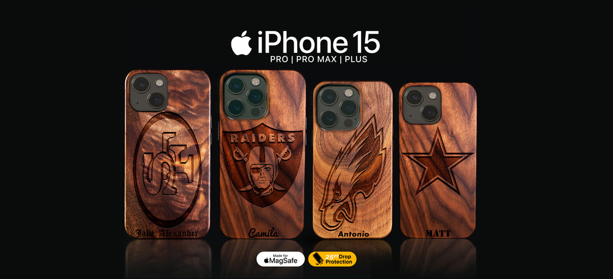 Custom NFL Football gifts for fans. Wooden phone case designs with customizable text on an iPhone 15, iPhone 15 Pro, 15 Pro Max, and 15 Plus models. Made with real wood. Personalize yours with any names, dates, initials, numbers, and more.