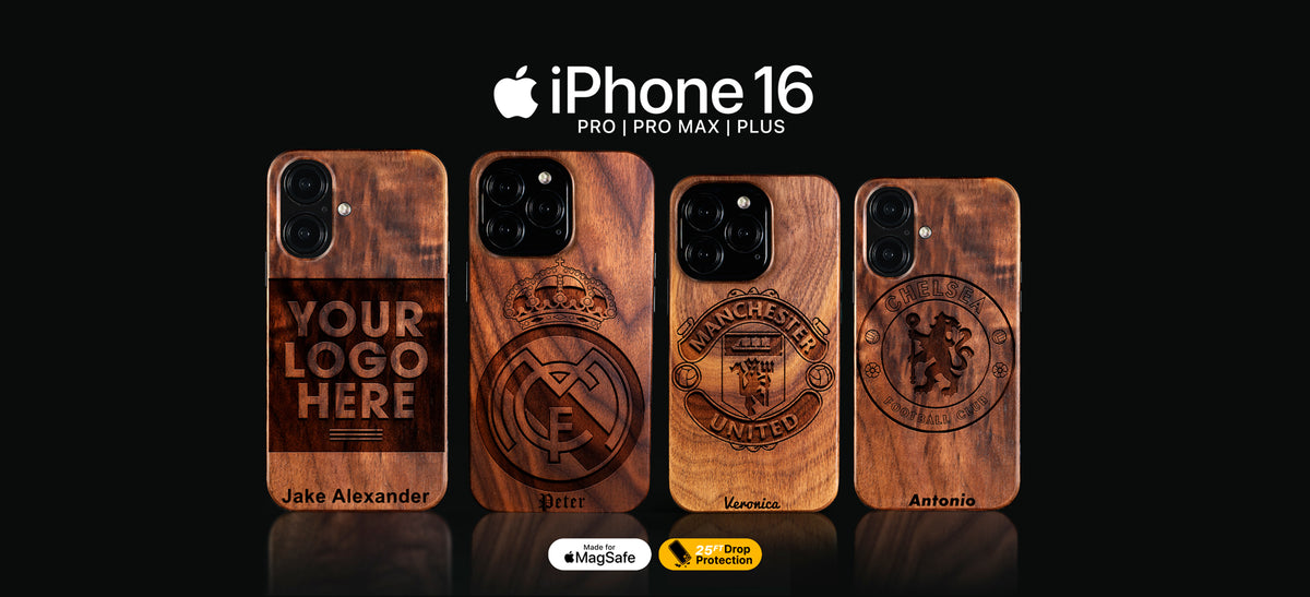 Custom International Football Club gifts for soccer fans. Wooden phone case designs with customizable text on an iPhone 16, iPhone 16 Pro, 16 Pro Max, 16 Plus, and 16e models. Made with real wood. Personalize yours with any names, dates, initials, numbers, and more.