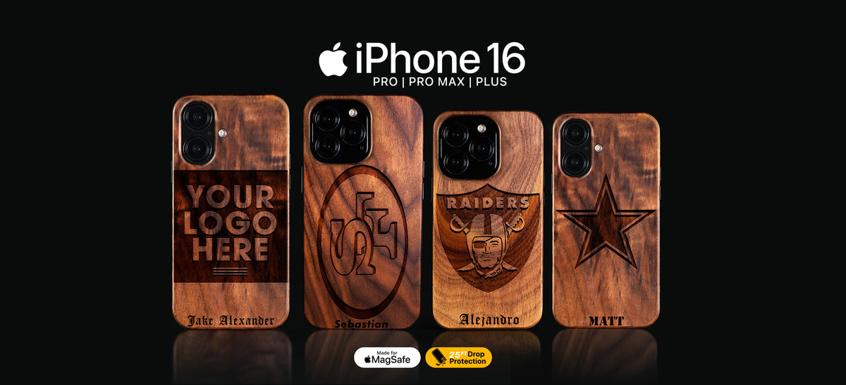 Custom NFL Football gifts for fans. Wooden phone case designs with customizable text on an iPhone 16, iPhone 16 Pro, 16 Pro Max, 16 Plus, and 16e models. Made with real wood. Personalize yours with any names, dates, initials, numbers, and more.