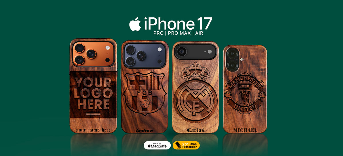 Custom Football Club gifts for fans. Wooden phone case designs with customizable text on an iPhone 17, Phone 17 Pro, Pro Max, and Air model display.