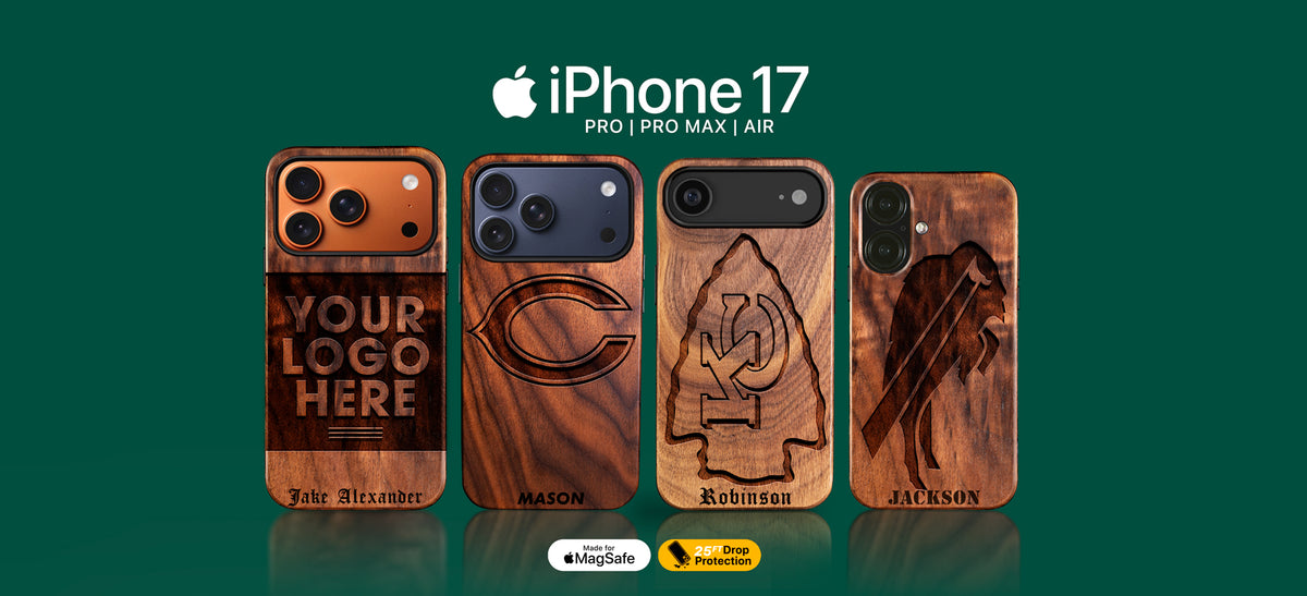 Custom NFL football gifts for fans. Wooden phone case designs with customizable text on an iPhone 17, Phone 17 Pro, Pro Max, and Air model display.