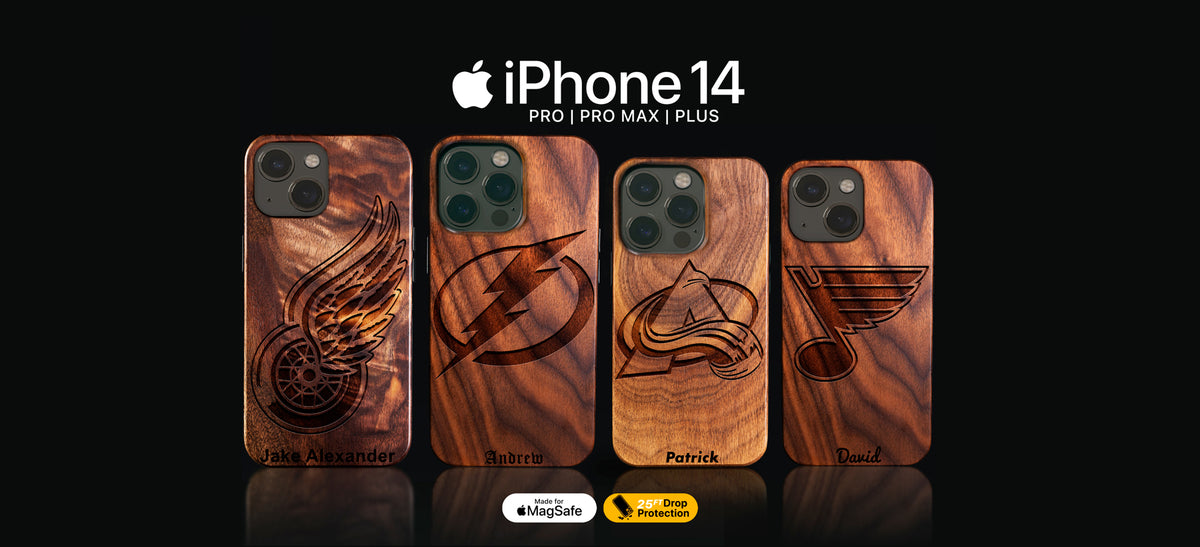Custom NHL Hockey gifts for fans. Wooden phone case designs with customizable text on an iPhone 14, iPhone 14 Pro, 14 Pro Max, and 14 Plus models. Made with real wood. Personalize yours with any names, dates, initials, numbers, and more.