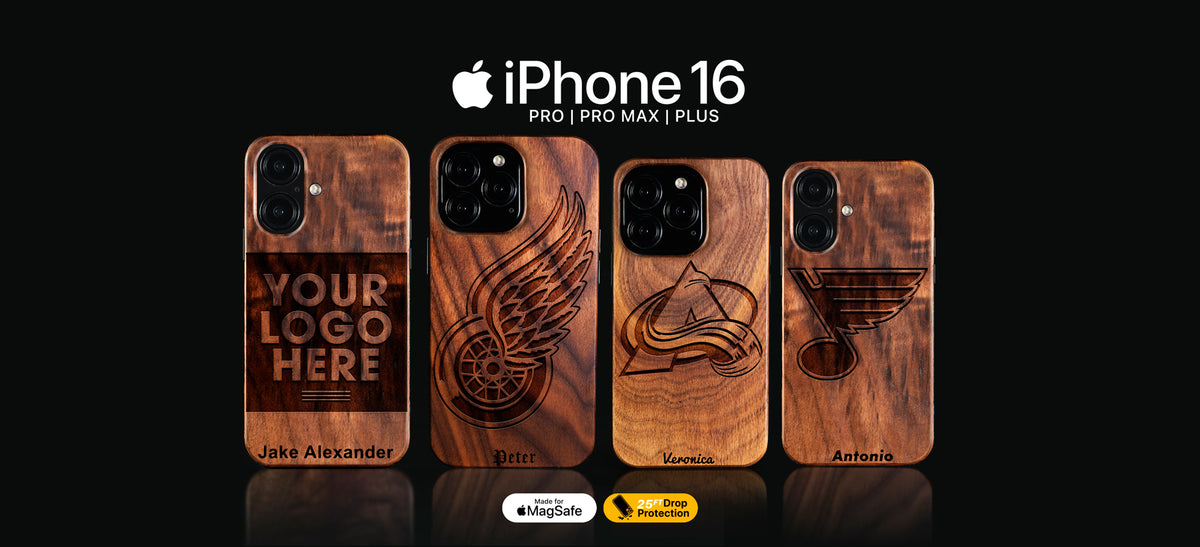 Custom NHL Hockey gifts for fans. Wooden phone case designs with customizable text on an iPhone 16, iPhone 16 Pro, 16 Pro Max, 16 Plus, and 16e models. Made with real wood. Personalize yours with any names, dates, initials, numbers, and more.