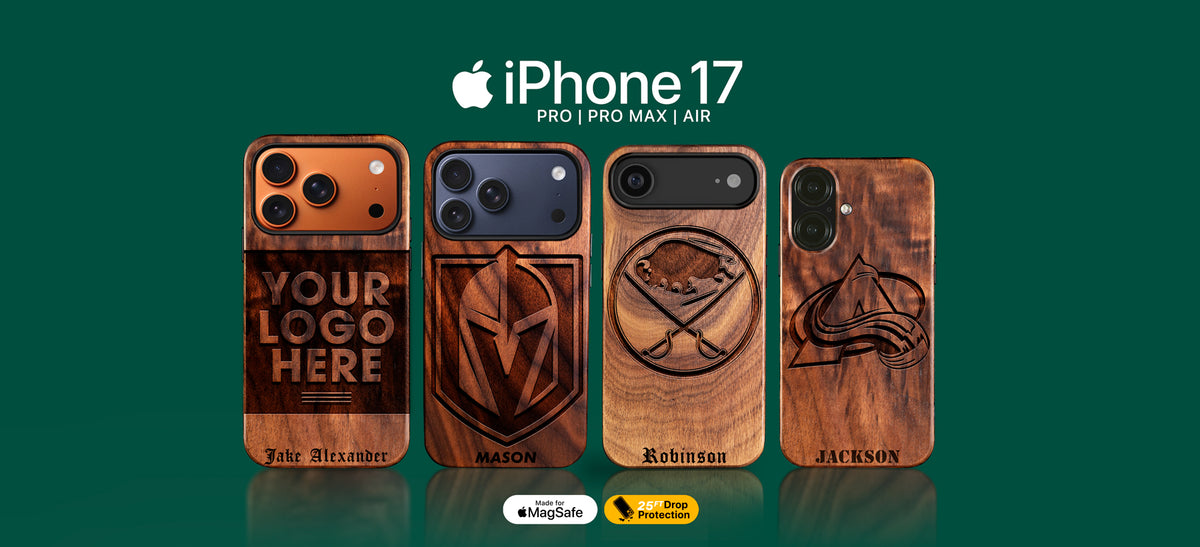 Custom NHL hockey gifts for fans. Wooden phone case designs with customizable text on an iPhone 17, Phone 17 Pro, Pro Max, and Air model display.