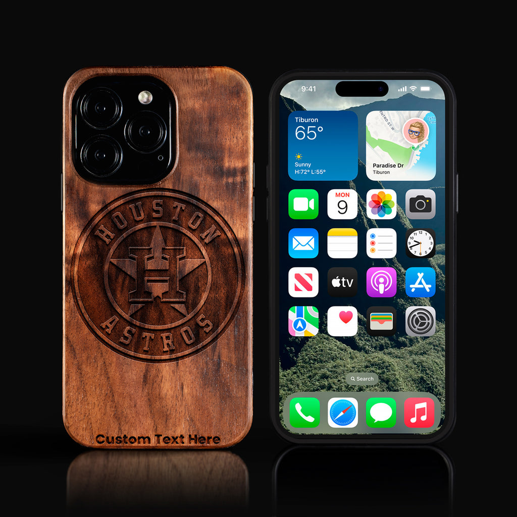 Custom Houston Astros iPhone 16/16 Pro/16 Pro Max/16 Plus Case - Carved Wood Astros Cover