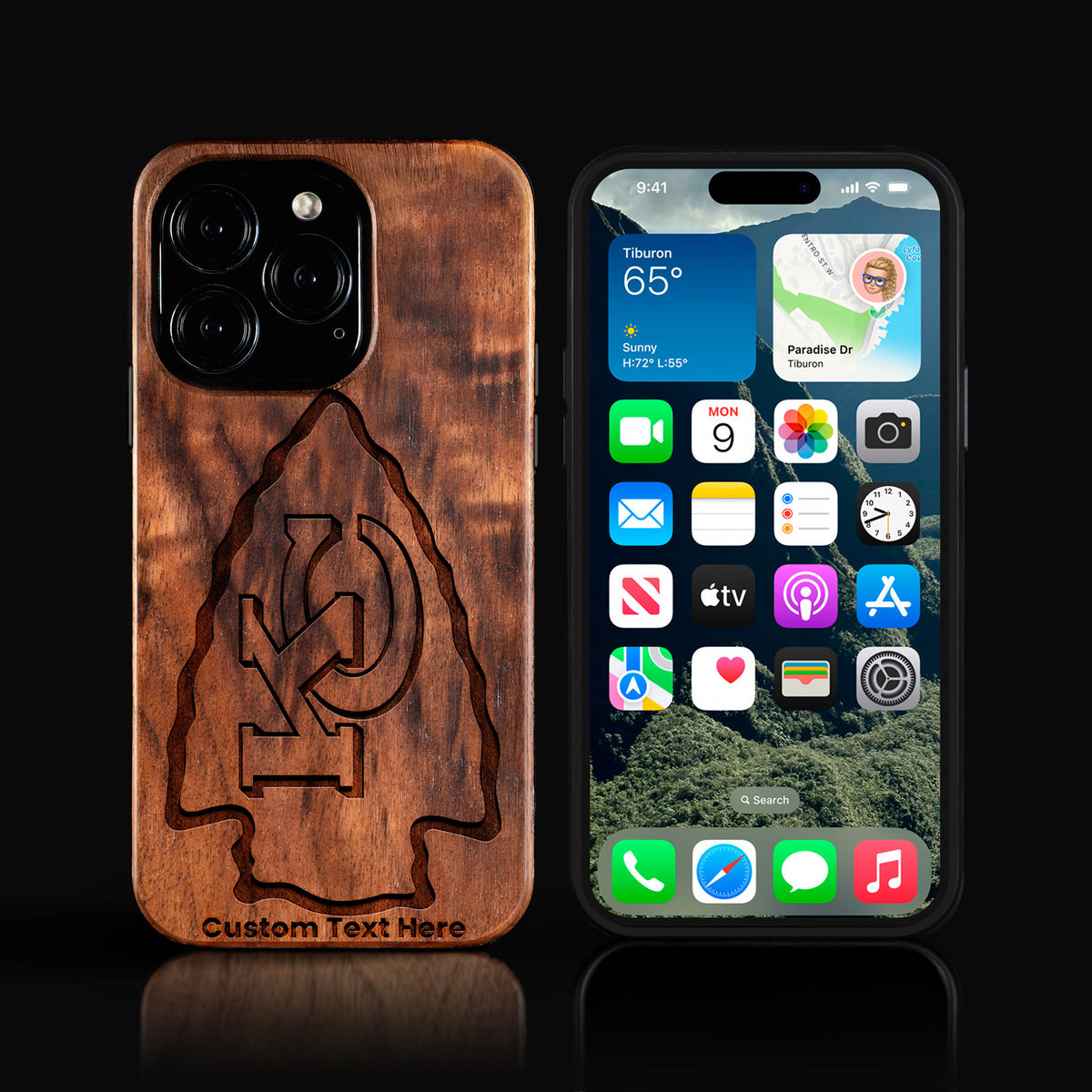 Custom Kansas City Chiefs iPhone 16/16 Pro/16 Pro Max/16 Plus Case - Carved Wood KC Chiefs Cover