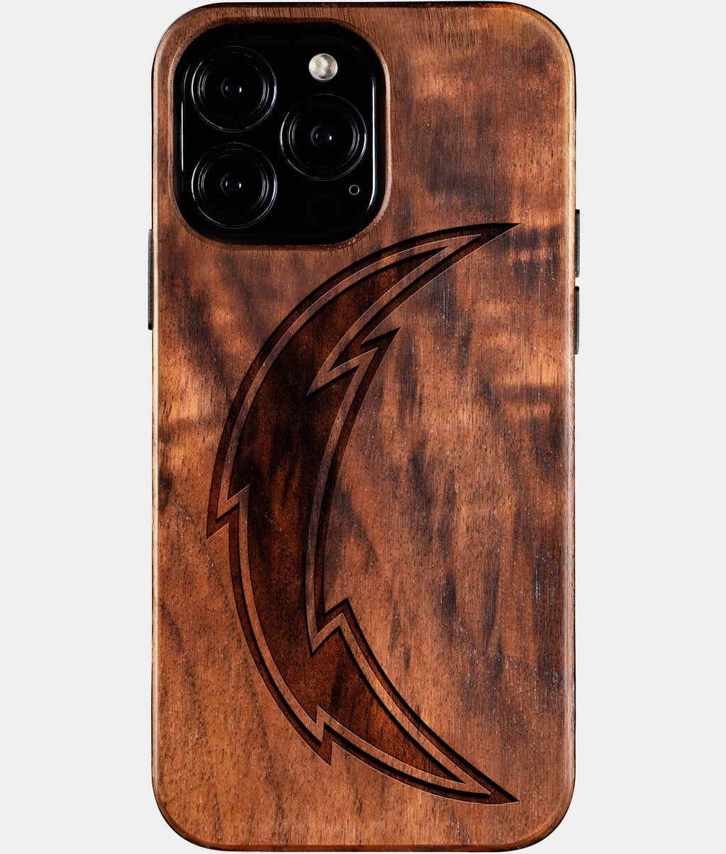 Custom Los Angeles Chargers iPhone 16/16 Pro/16 Pro Max/16 Plus Case - Wood Chargers Cover - Eco-friendly Los Angeles Chargers iPhone 16 Case - Carved Wood Custom Los Angeles Chargers Gift For Him - Monogrammed Personalized iPhone 16 Cover By Aldergrove & Oak