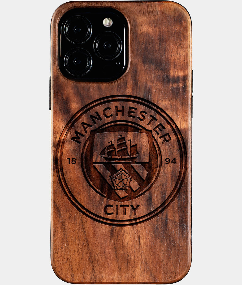 Custom Manchester City F.C. iPhone 16/16 Pro/16 Pro Max/16 Plus Case - Wood Manchester City FC Cover - Eco-friendly Manchester City FC iPhone 16 Case - Carved Wood Custom Manchester City FC Gift For Him - Monogrammed Personalized iPhone 16 Cover By Aldergrove & Oak