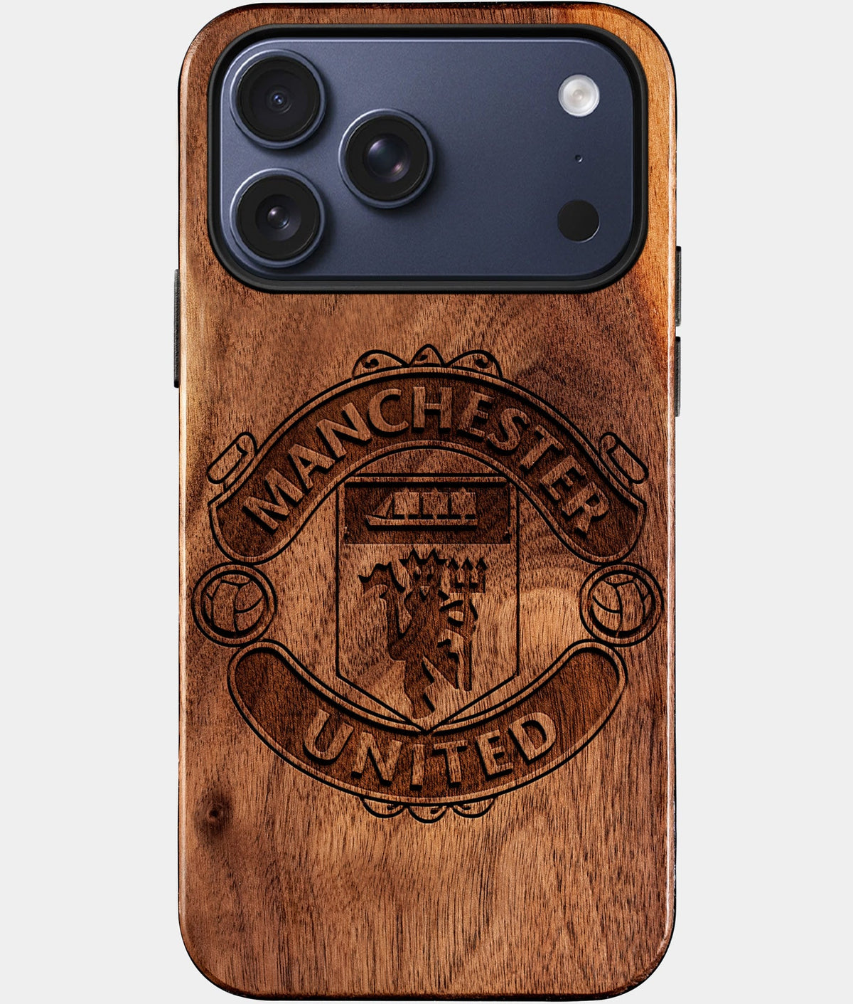 Eco-friendly Manchester United FC iPhone 17 Pro Max Case - Carved Wood Custom Manchester United FC Gift For Him - Monogrammed Personalized iPhone 17 Pro Max Cover By Aldergrove & Oak