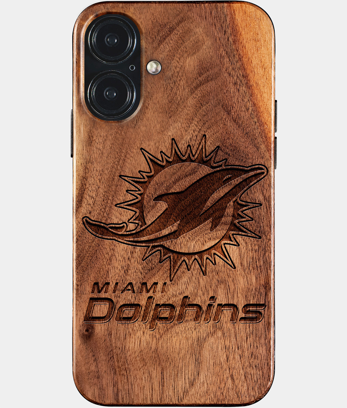 Eco-friendly Miami Dolphins iPhone 17 Case - Carved Wood Custom Miami Dolphins Gift For Him - Monogrammed Personalized iPhone 17 Cover By Aldergrove & Oak