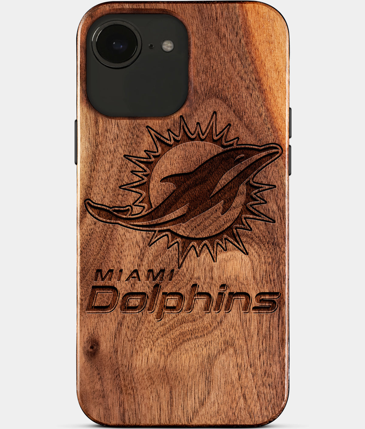Eco-friendly Miami Dolphins iPhone 17e Case - Carved Wood Custom Miami Dolphins Gift For Him - Monogrammed Personalized iPhone 17e Cover By Aldergrove & Oak