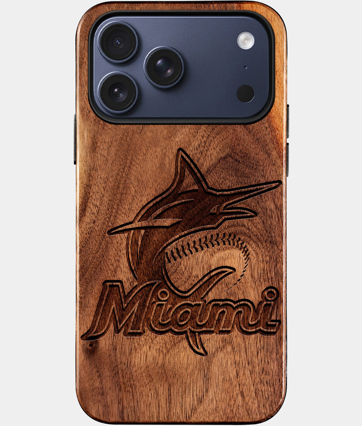 Eco-friendly Miami Marlins iPhone 17 Pro Case - Carved Wood Custom Miami Marlins Gift For Him - Monogrammed Personalized iPhone 17 Pro Cover By Aldergrove & Oak