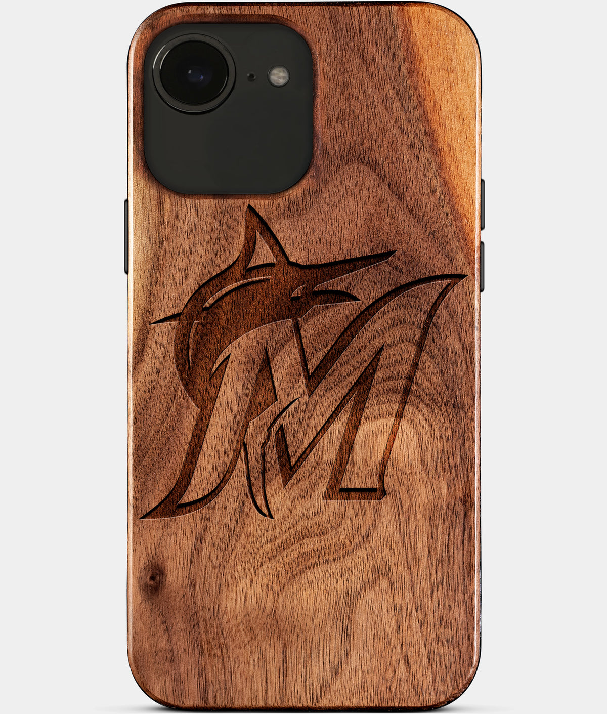 Eco-friendly Miami Marlins iPhone 17e Case - Carved Wood Custom Miami Marlins Gift For Him - Monogrammed Personalized iPhone 17e Cover By Aldergrove & Oak
