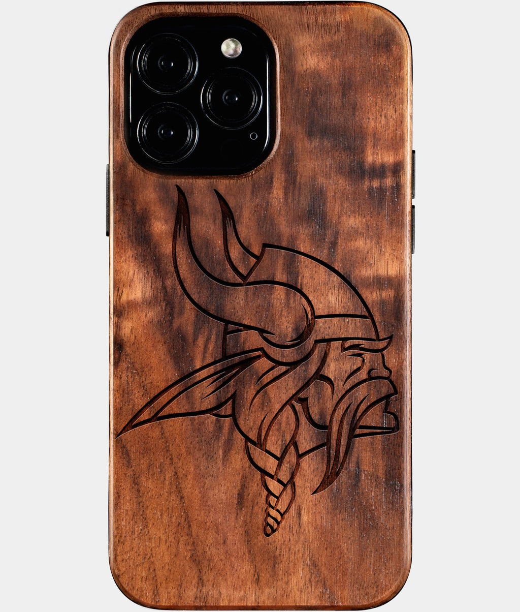 Custom Minnesota Vikings iPhone 16/16 Pro/16 Pro Max/16 Plus Case - Wood Vikings Cover - Eco-friendly Minnesota Vikings iPhone 16 Case - Carved Wood Custom Minnesota Vikings Gift For Him - Monogrammed Personalized iPhone 16 Cover By Aldergrove & Oak