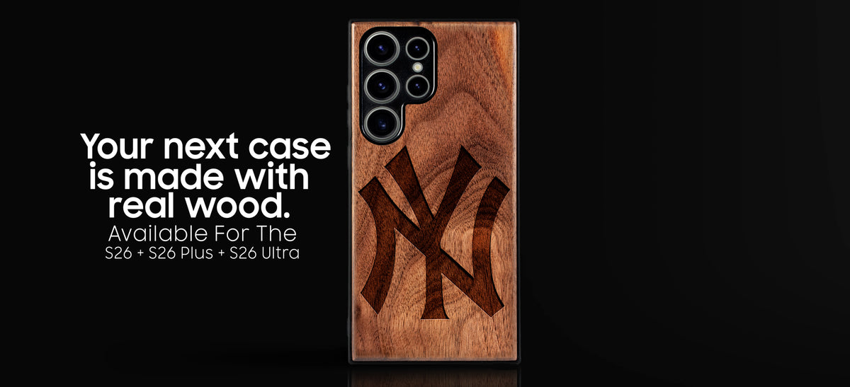 Shop custom MLB Samsung Galaxy S26 wood phone cases. Made with real wood and personalized for baseball fans. Custom gifts for men who love baseball. Available for the S26, S26 Plus, and S26 Ultra. Free Shipping + Free Engraving + 1 Year Warranty.