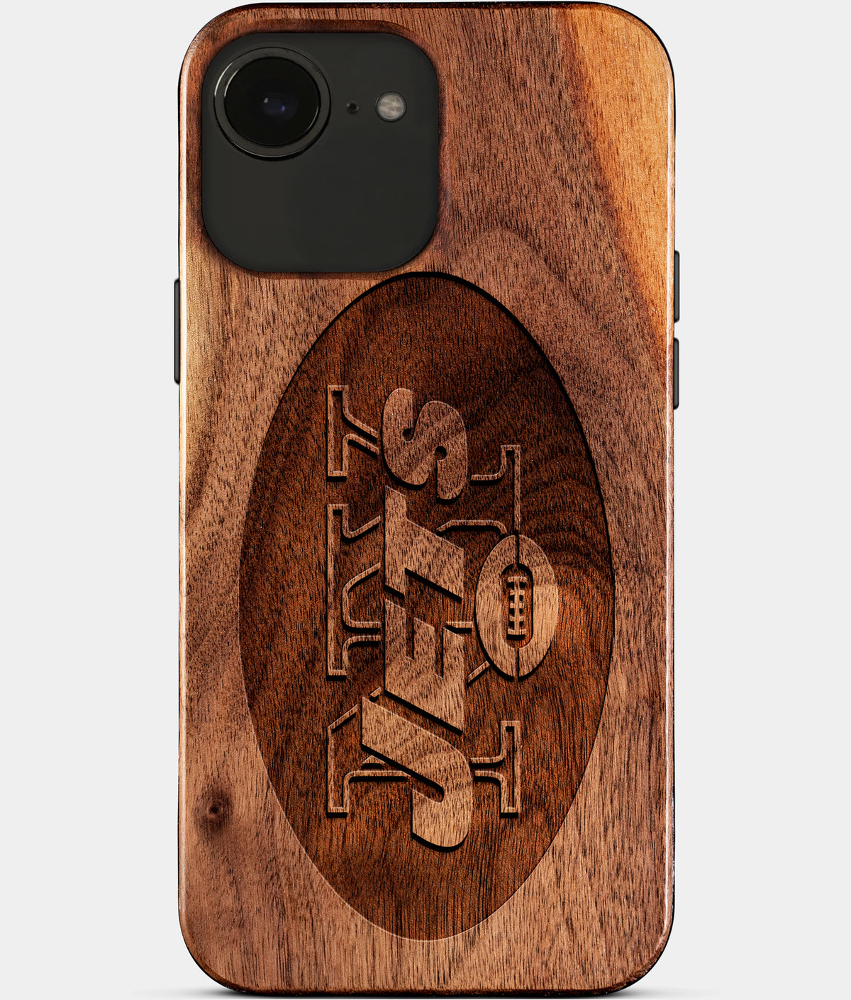 Eco-friendly New York Jets iPhone 17e Case - Carved Wood Custom New York Jets Gift For Him - Monogrammed Personalized iPhone 17e Cover By Aldergrove & Oak