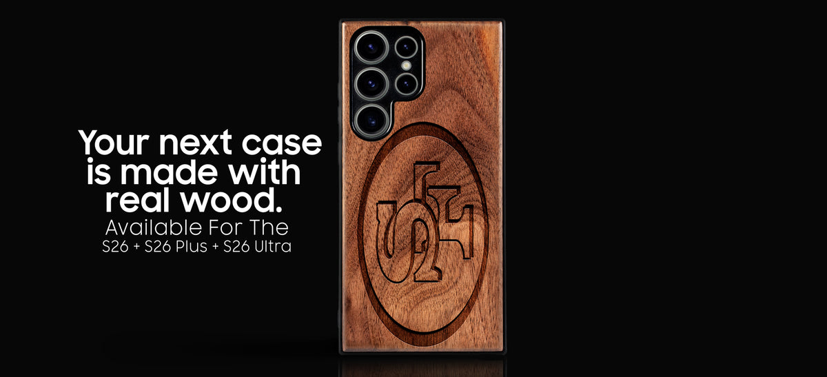 Shop custom NFL Samsung Galaxy S26 wood phone cases. Made with real wood and personalized for football fans. Custom gifts for men who love football. Available for the S26, S26 Plus, and S26 Ultra. Free Shipping + Free Engraving + 1 Year Warranty.