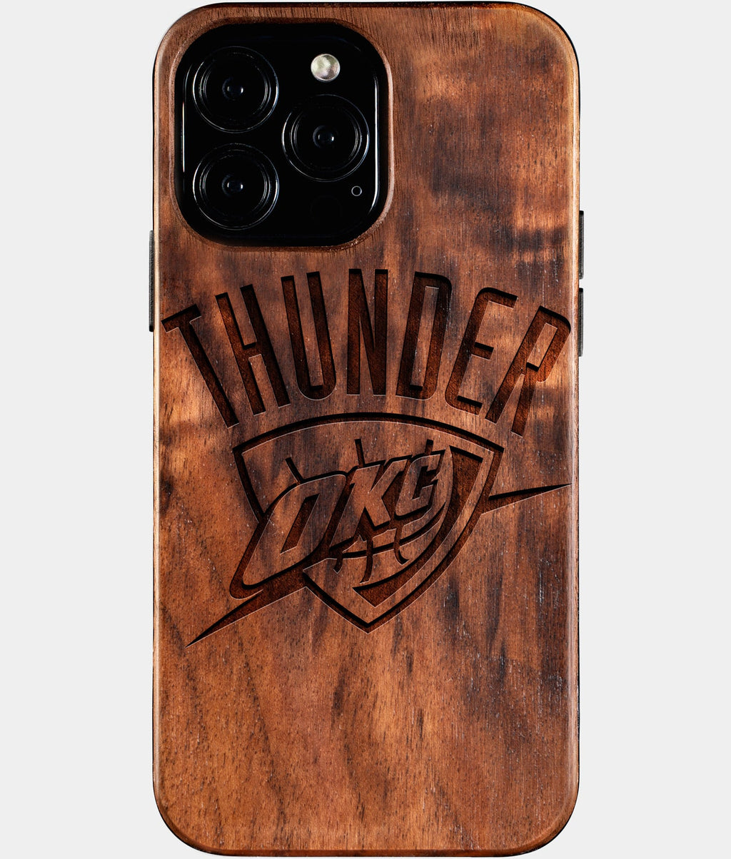 Custom OKC Thunder iPhone 16/16 Pro/16 Pro Max/16 Plus Case - Wood Wizards Cover - Eco-friendly OKC Thunder iPhone 16 Case - Carved Wood Custom OKC Thunder Gift For Him - Monogrammed Personalized iPhone 16 Cover By Aldergrove & Oak
