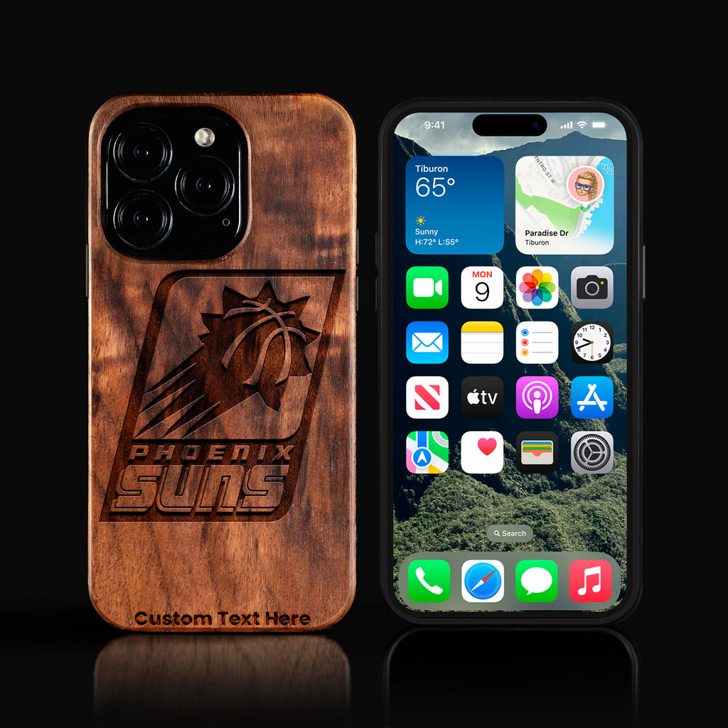 Custom Phoenix Suns iPhone 16/16 Pro/16 Pro Max/16 Plus Case - Carved Wood Suns Cover