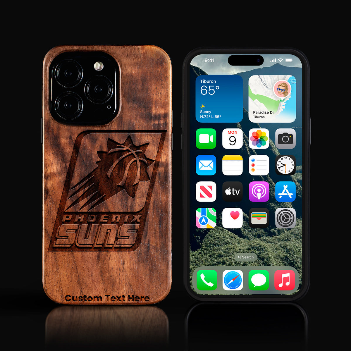 Custom Phoenix Suns iPhone 16/16 Pro/16 Pro Max/16 Plus Case - Carved Wood Suns Cover