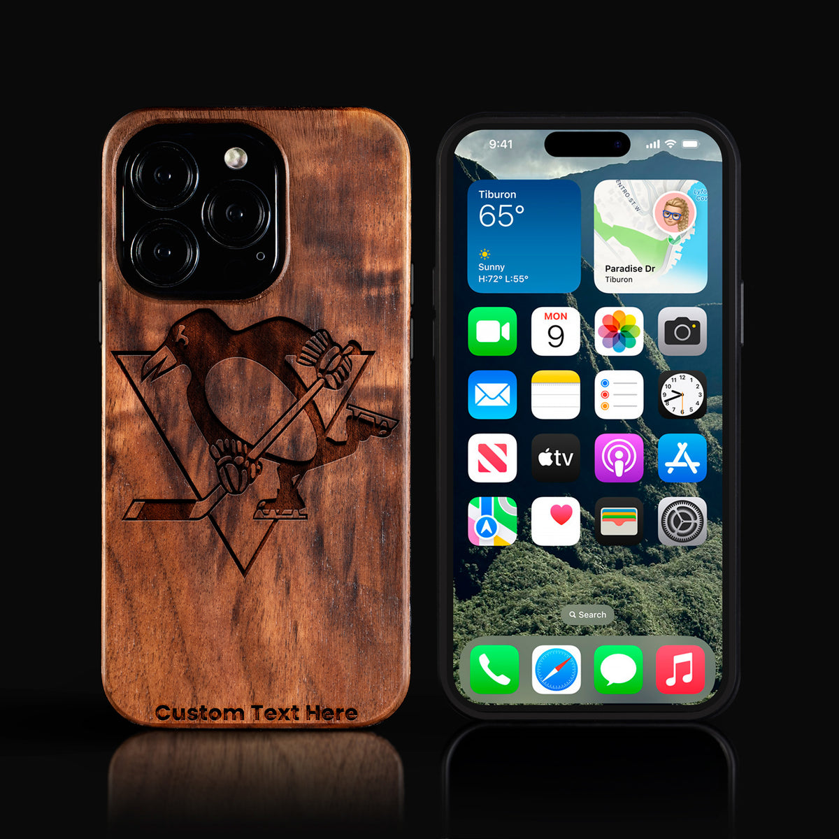 Custom Pittsburgh Penguins iPhone 16/16 Pro/16 Pro Max/16 Plus Case - Carved Wood Penguins Cover