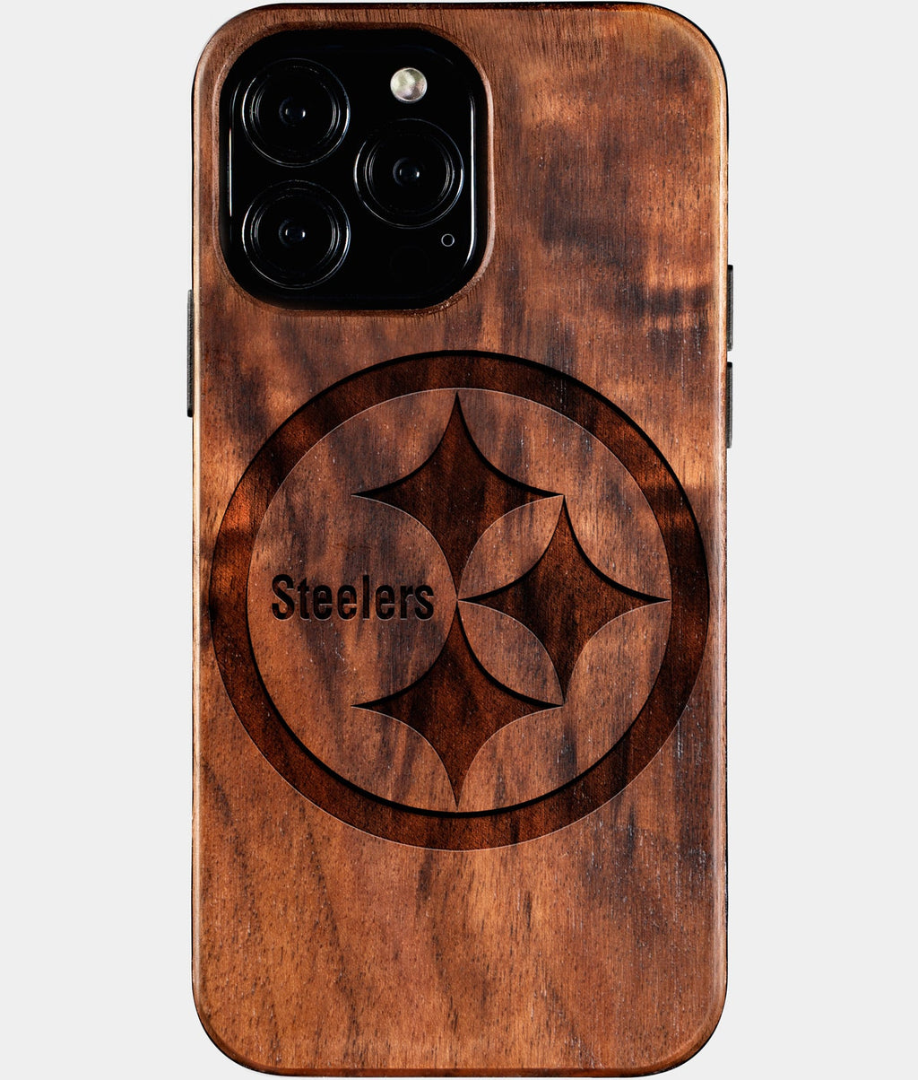 Custom Pittsburgh Steelers iPhone 16/16 Pro/16 Pro Max/16 Plus Case - Wood Steelers Cover - Eco-friendly Pittsburgh Steelers iPhone 16 Case - Carved Wood Custom Pittsburgh Steelers Gift For Him - Monogrammed Personalized iPhone 16 Cover By Aldergrove & Oak