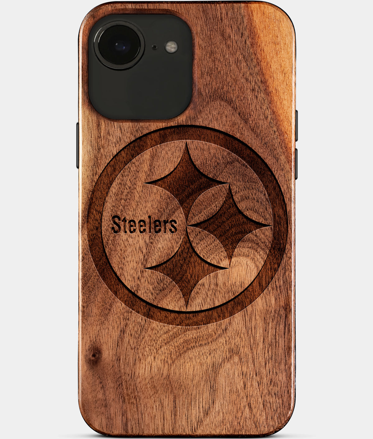 Eco-friendly Pittsburgh Steelers iPhone 17e Case - Carved Wood Custom Pittsburgh Steelers Gift For Him - Monogrammed Personalized iPhone 17e Cover By Aldergrove & Oak