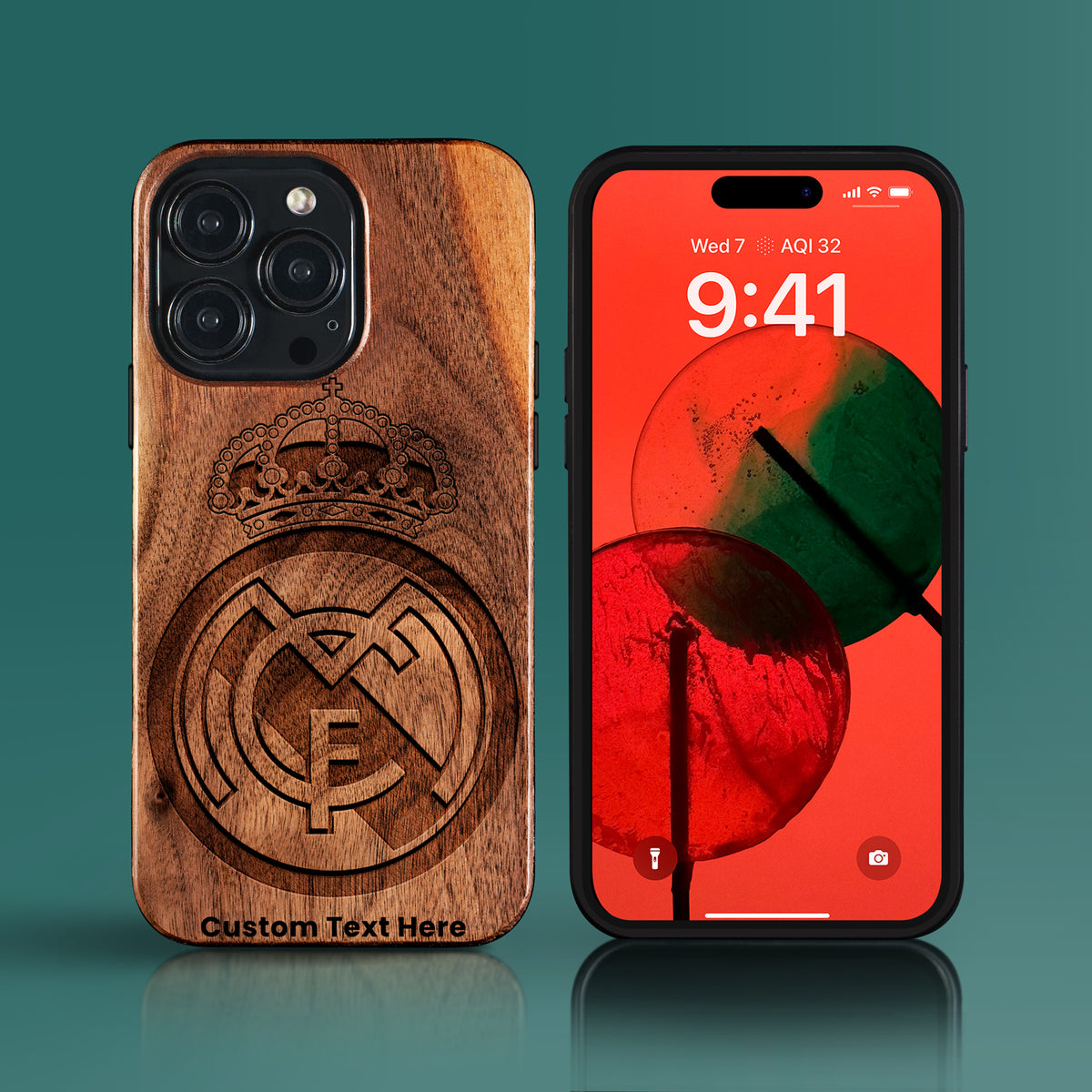 Custom Real Madrid C.F. iPhone 15/15 Pro/15 Pro Max/15 Plus Case - Carved Wood Real Madrid C.F. Cover