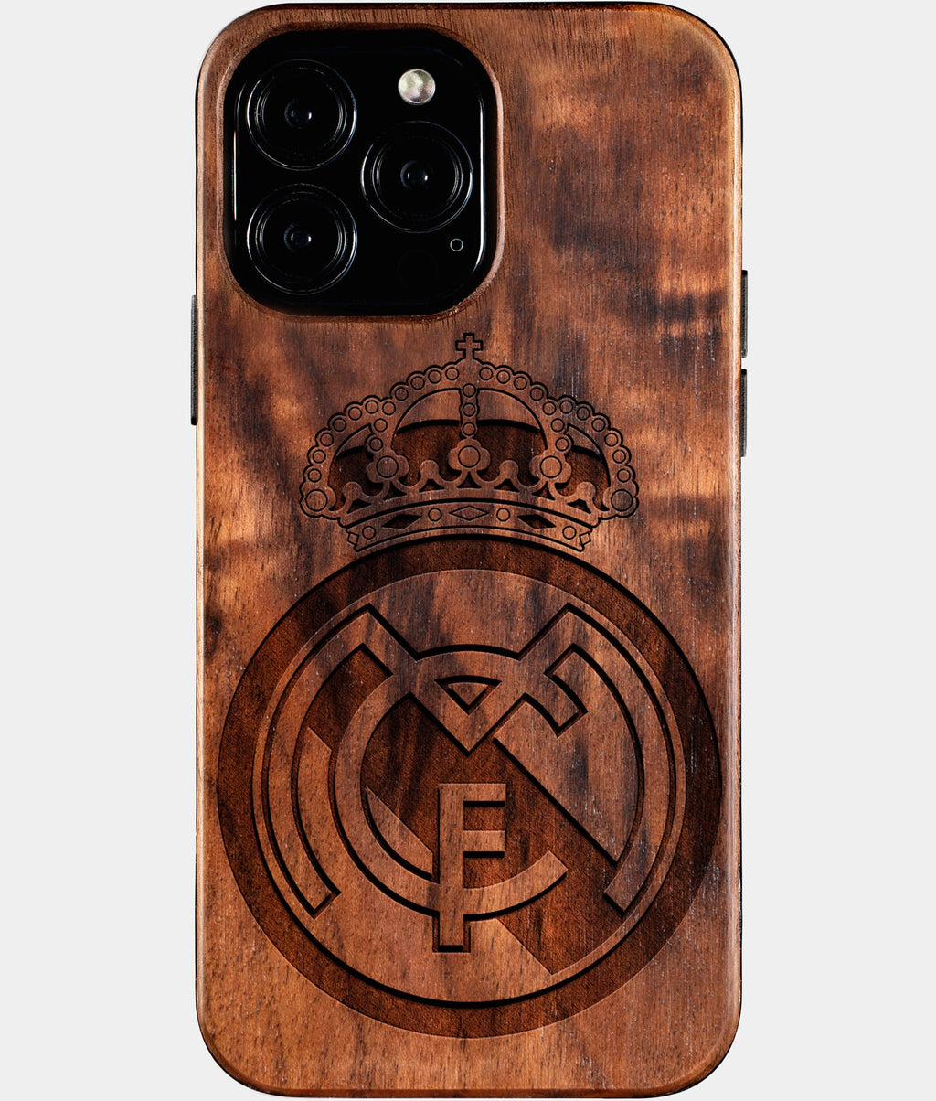 Custom Real Madrid C.F. iPhone 16/16 Pro/16 Pro Max/16 Plus Case - Wood Real Madrid C.F. Cover - Eco-friendly Real Madrid Cf iPhone 16 Case - Carved Wood Custom Real Madrid Cf Gift For Him - Monogrammed Personalized iPhone 16 Cover By Aldergrove & Oak